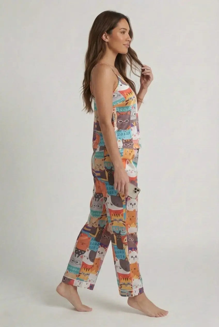 Ensemble Pyjama Satin Fleuri Femme Camisole Bretelles & Pantalon - Riviera Satin