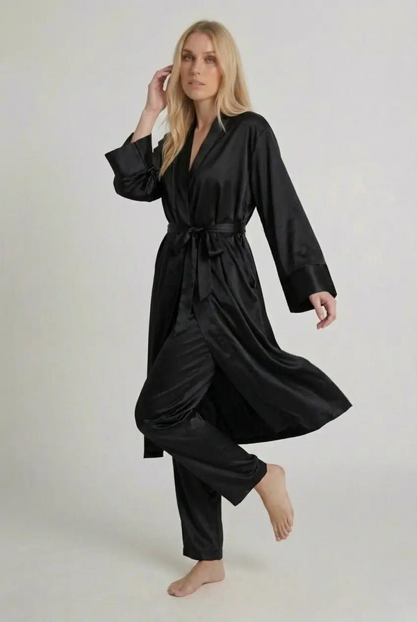 Ensemble Pyjama Satin Kimono Femme Manches Longues Uni - Orient Express