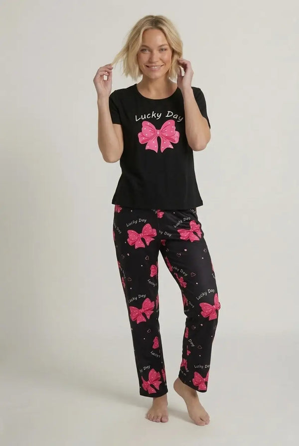 Pyjama Femme Imprimé Nœuds Mignons Manches Courtes & Pantalon - Girly Bow