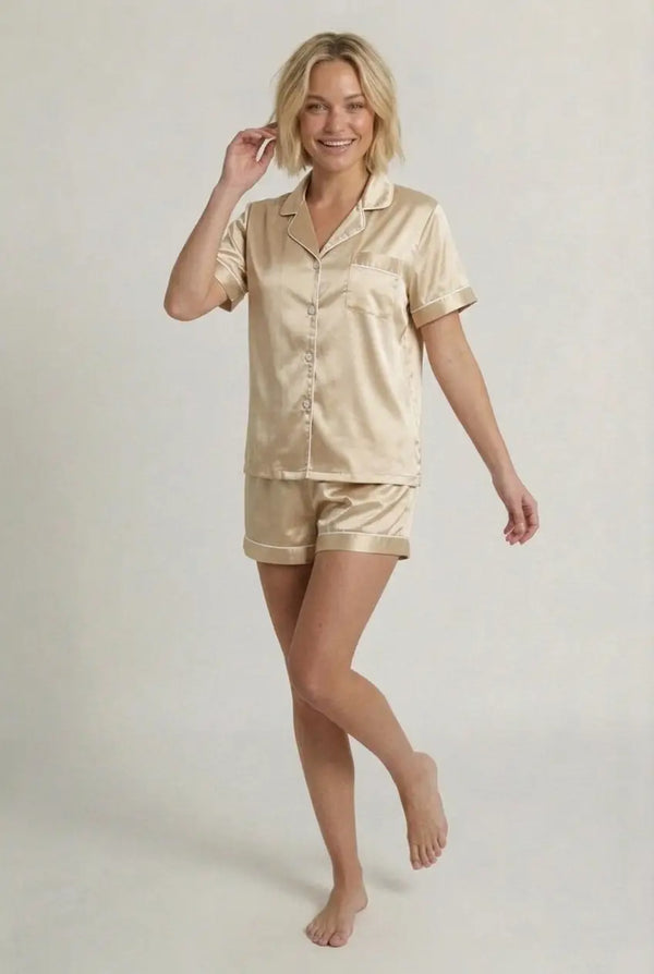 Ensemble Pyjama Satin Femme Short Col Chemise Manches Courtes - Champagne Night