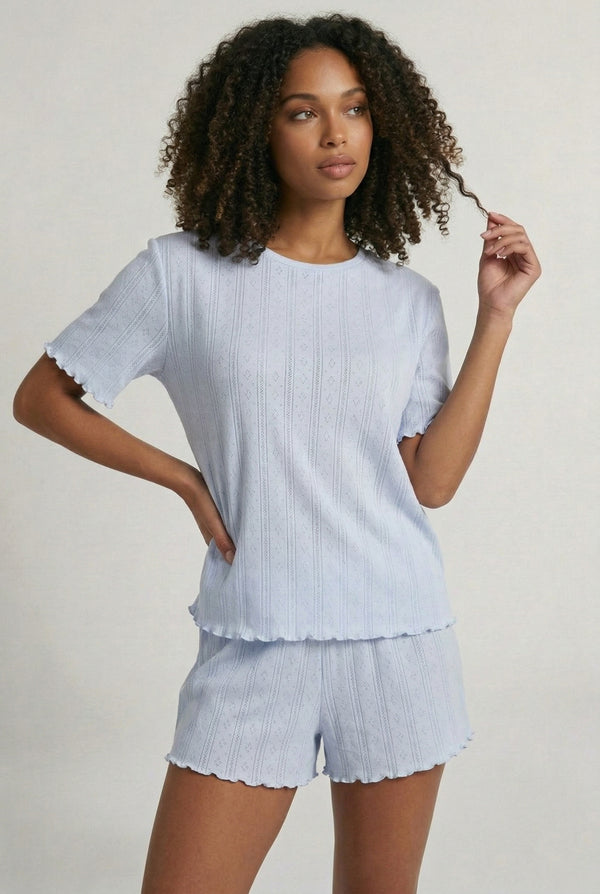 Pyjama Short Femme en Coton Léger Blanc & Bleu - Cocon