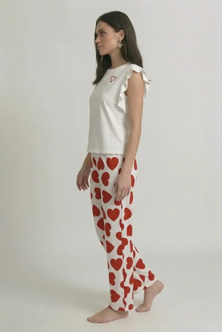 Ensemble Pyjama Coton Cœur Femme Pantalon Long Manches Courtes - Mon Cœur