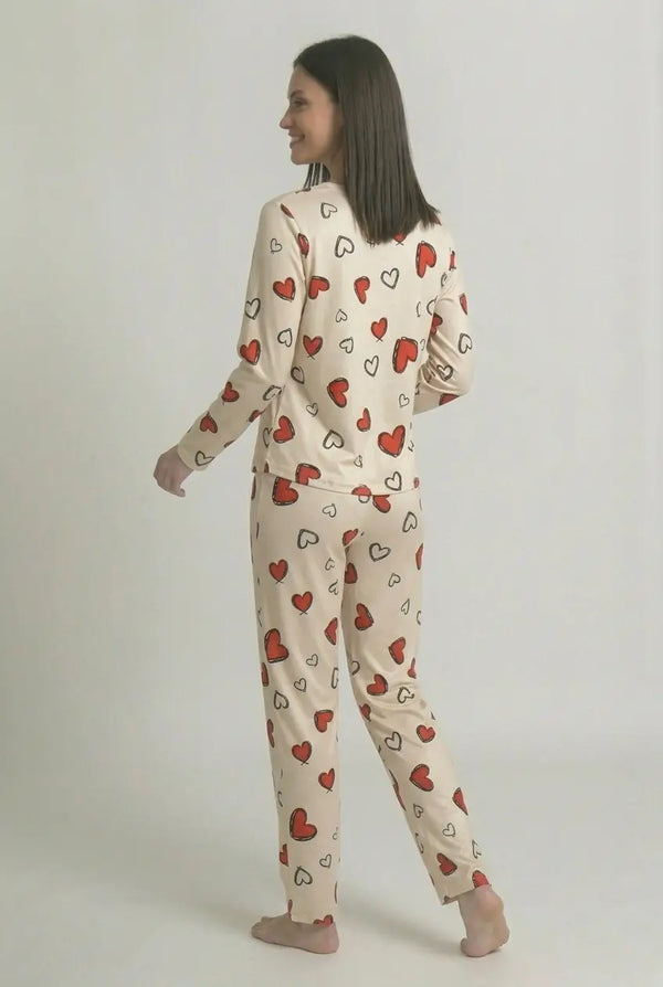 Ensemble Pyjama Femme Cœurs Noir Manches Longues & Pantalon - Midnight Love