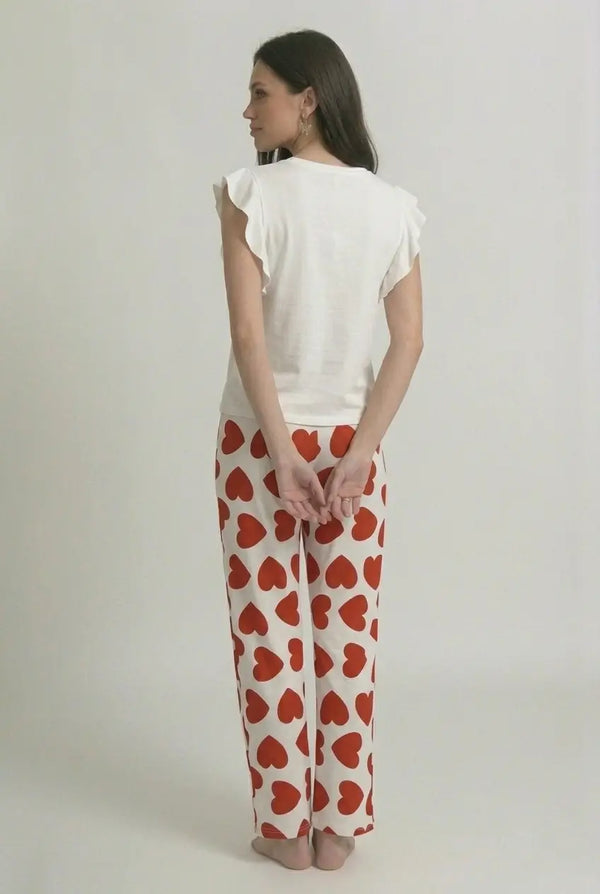 Ensemble Pyjama Coton Cœur Femme Pantalon Long Manches Courtes - Mon Cœur