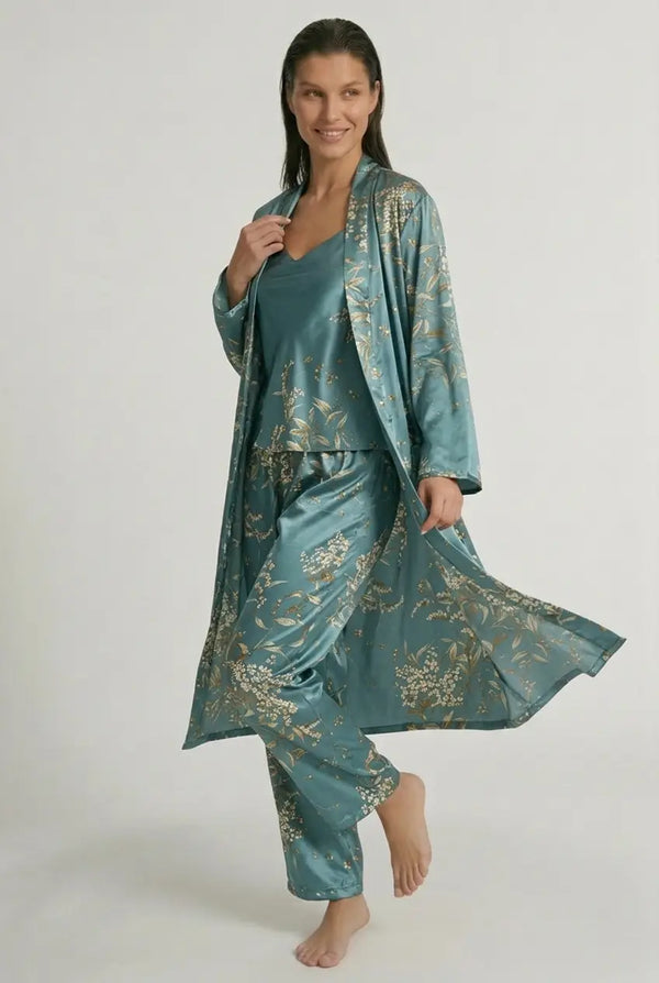 Kimono Pyjama Femme Fleuri 3 Pièces Robe de Chambre & Pantalon - Sakura Night