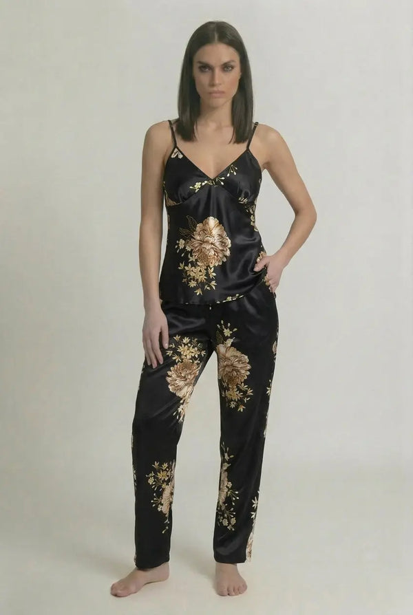 Ensemble Pyjama Fleuri Vintage Femme Col V Sans Manches - Jardin Rétro