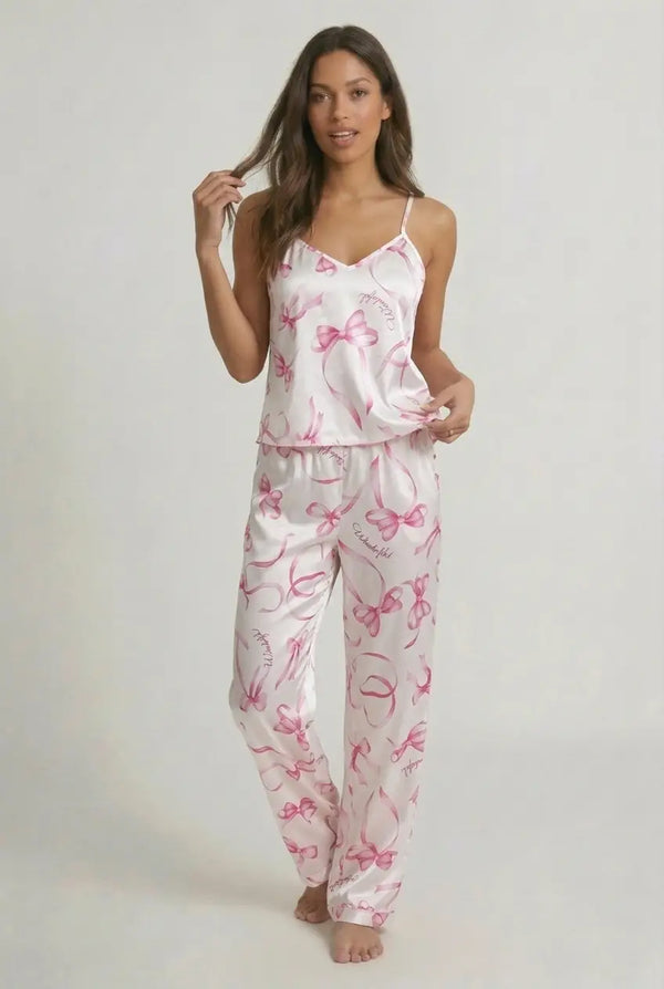 Pyjama Camisole Faux Soie Femme Nœuds & Pantalon Long Été - Ribbon Silk