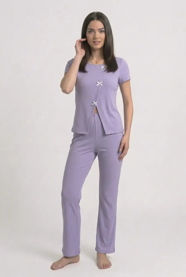 Pyjama Femme Été Fente & Nœud Élégant Manches Courtes - Côte d'Azur