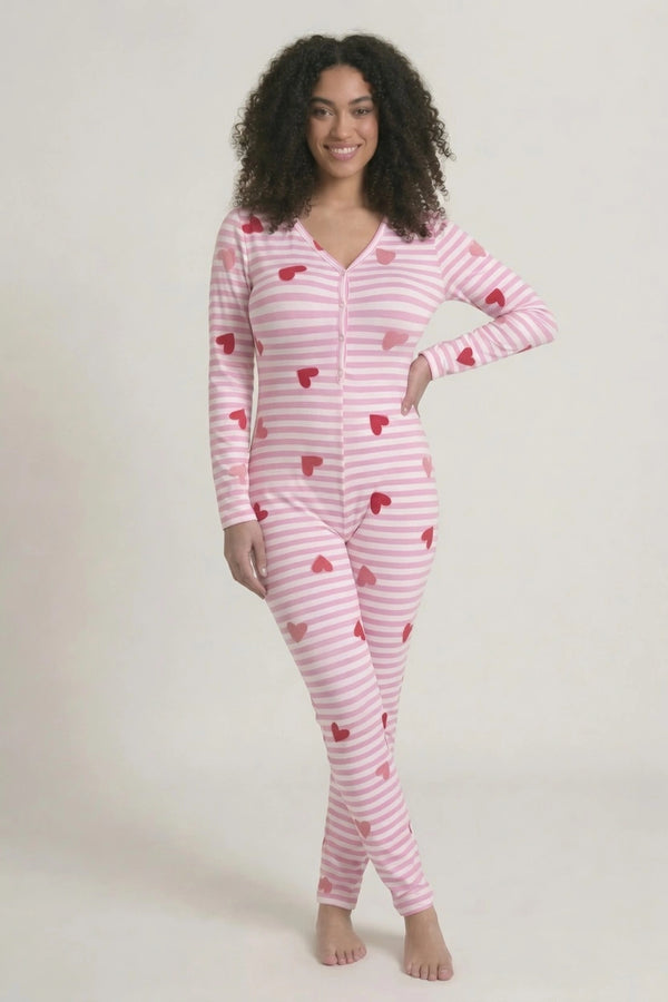 Combinaison Pyjama Femme Rayures Cœur Saint-Valentin Manches Longues - Love Night